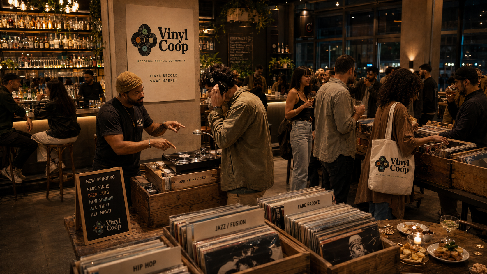 Vinyl Coop pop-up at a bar in warm evening light