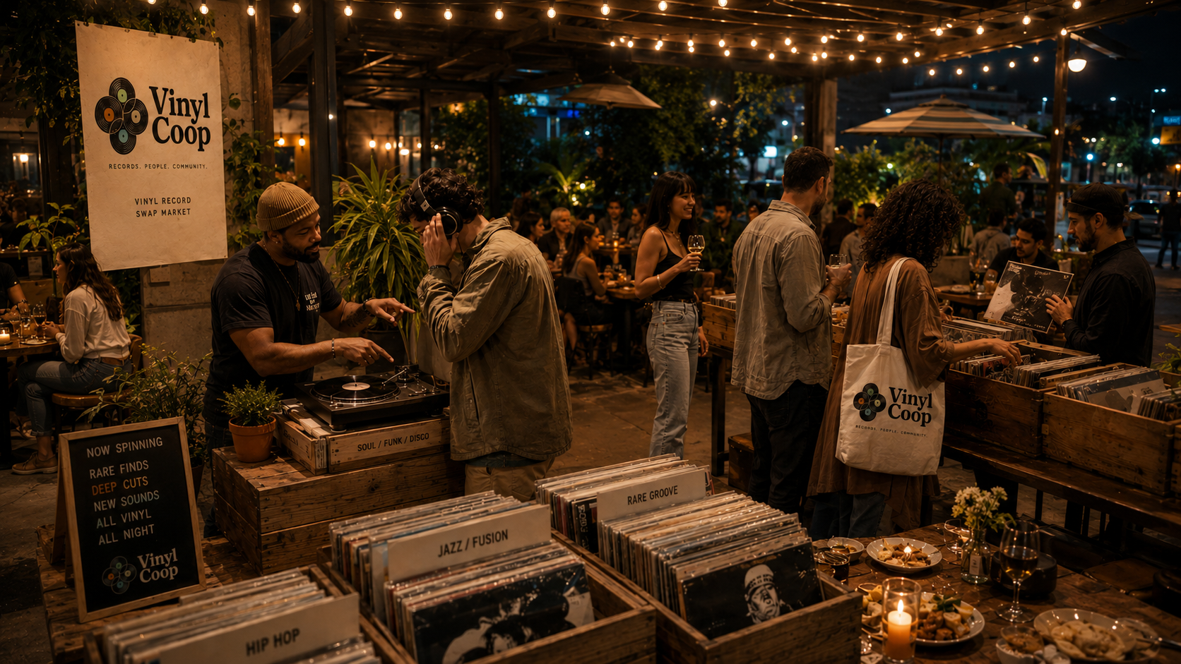 Crowd browsing records at a Vinyl Coop pop-up market
